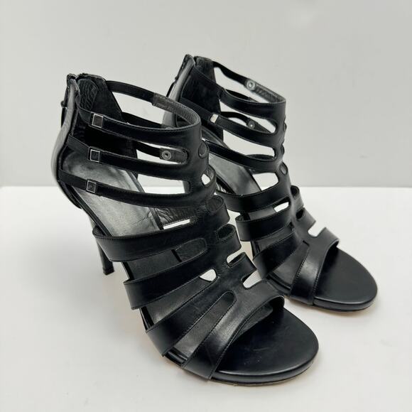 Stuart Weitzman Outing Black Leather Strappy Cage Studded Stiletto Heel Sandal - Picture 6 of 12
